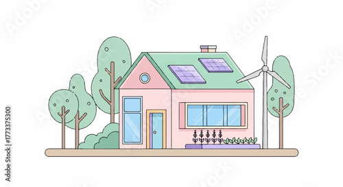 Eco-friendly house with solar panels and wind turbine, representing sustainable energy and green living
