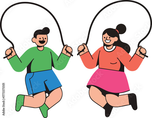 Cheerful cartoon boy and girl in colorful clothes happily jumping rope together.