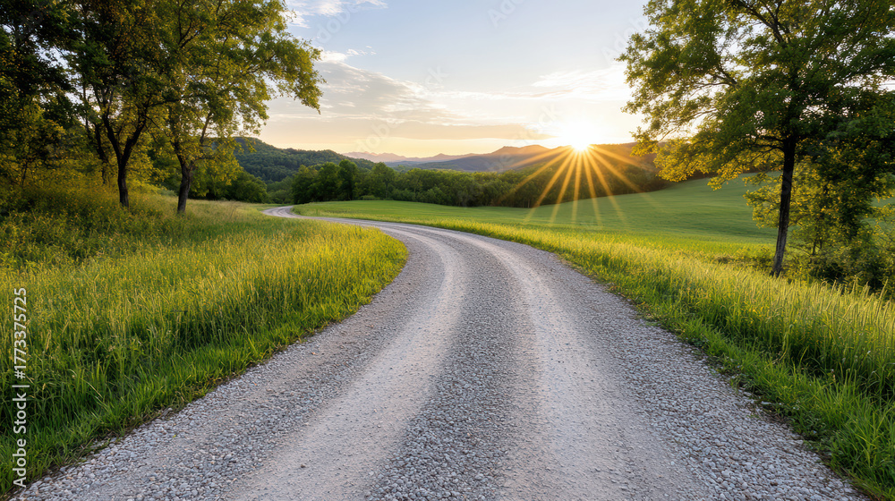 Fototapeta premium Serene sunrise illuminates winding gravel road surrounded by lush greenery and rolling hills