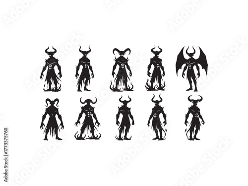 Illustration of collection of silhouette demon characters, featuring various horned creatures and winged demons