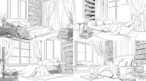 Minimalist hand-drawn line art of cozy bedroom interiors with large windows, soft bedding, and bookshelf. Perfect for architecture or design concepts.