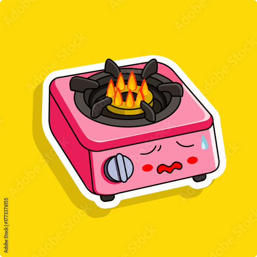 Sticker Kawaii of Cute Gas Stove Heating up Vector Illustration cartoon Design