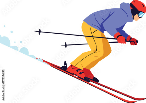 Dynamic skier in colorful winter gear wearing a blue jacket and yellow pants skiing downhill at speed.