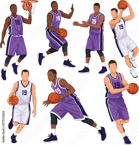 Dynamic Vector Illustrations of Male Basketball Players in Purple and White Number 19 Uniforms.