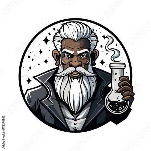 a black and white logo for an alchemist company, with an human alchemist holding a flask, cartoon style