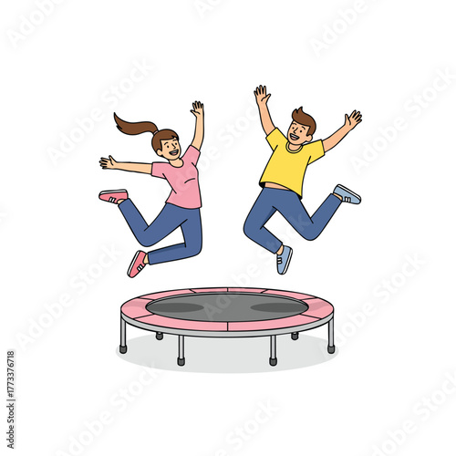 Happy cartoon boy and girl with arms raised joyfully jumping high on a pink trampoline.