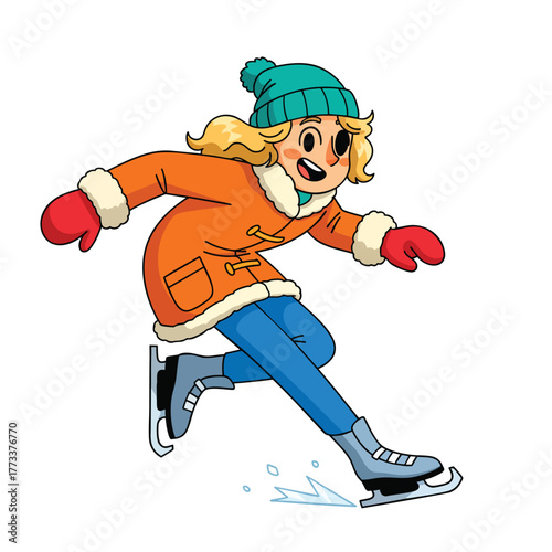 Happy cartoon girl with blonde hair ice skating in an orange duffle coat and teal beanie.
