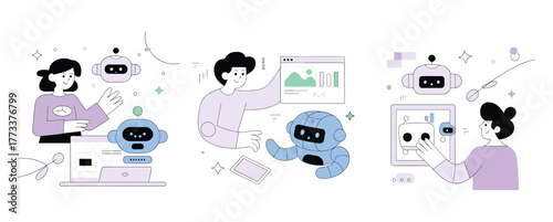 People interacting with robots and technology illustrations