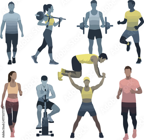Set of stylized illustrations of diverse men and women in sportswear performing various fitness exercises and workouts.