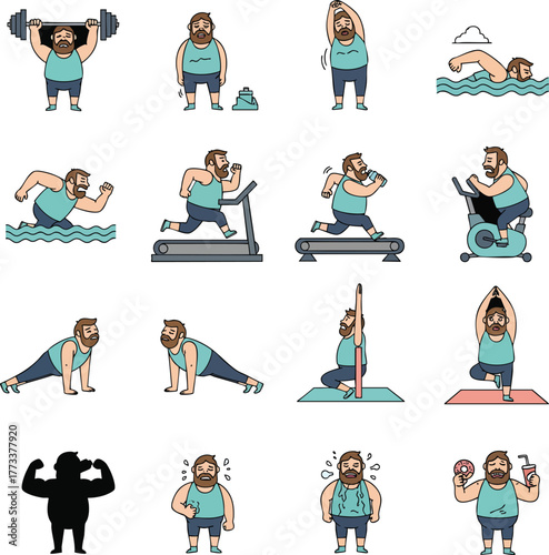 Vector icon set of a chubby bearded man exercising showing weight loss journey fitness activities and lifestyle choices.