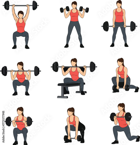 Vector illustration set of a fit woman in a red top performing various weightlifting exercises with a barbell.