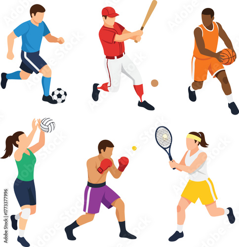 Vector illustration set of diverse athletes in action soccer baseball basketball volleyball boxing tennis.