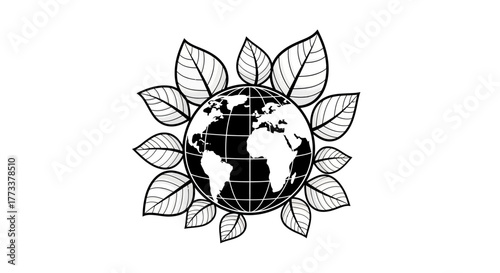 Earth globe surrounded by leaves with transparent background