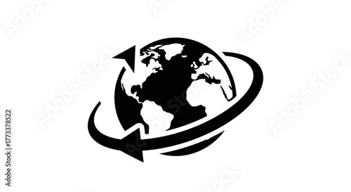 Earth globe with circular arrow indicating rotation with transparent background