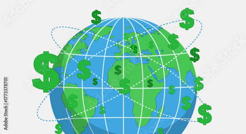 Global finance concept with dollar signs around earth