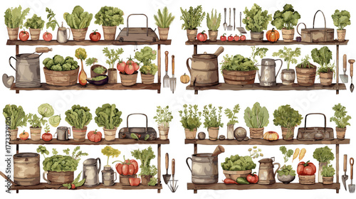 Watercolor herb garden shelf illustration with potted plants, vegetables, and gardening tools. Cozy farmhouse design perfect for eco lifestyle, organic food, and home gardening projects.