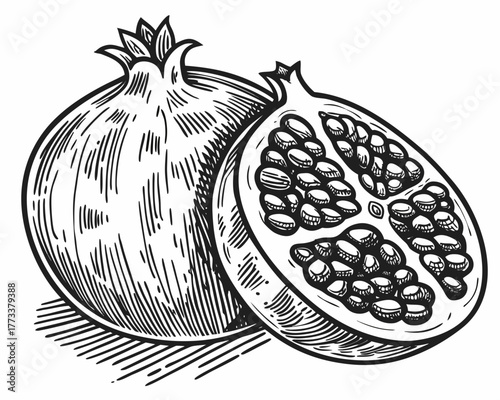 Illustration of a whole pomegranate and a half pomegranate with visible seeds in black and white style created with generated ai