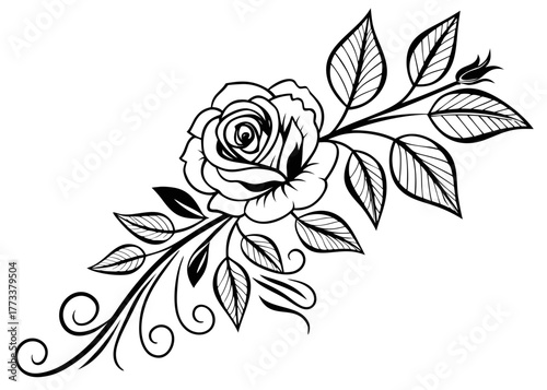 Elegant black and white rose with leaves and swirls design for decoration or tattoo illustration art created with generated ai