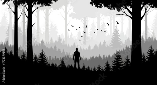 Man standing in misty forest with birds flying