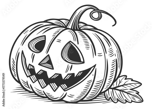 Detailed line art illustration of a jack o lantern pumpkin with a leaf on a white background created with generated ai