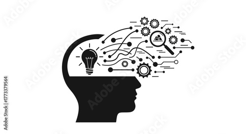 Mind with ideas, gears, and lightbulb with transparent background