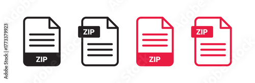 ZIP document icons in black and red, representing compressed file formats for digital storage, business, and technology applications