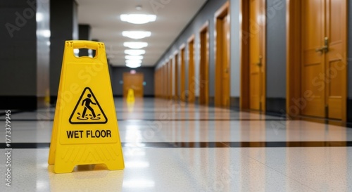 Caution wet floor sign in hallway warning of slippery surface