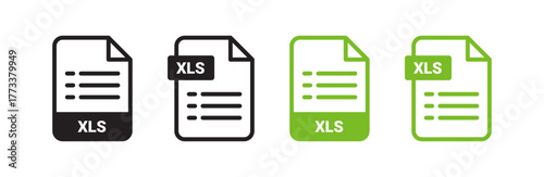 XLS document icons in black and green, representing spreadsheet file formats for data management, analysis, and digital content