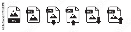 JPG file icons with download and upload arrows, representing image file management, file transfer, and digital content sharing