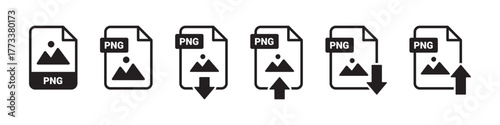 PNG file icons with download and upload arrows, representing image file management, data transfer, and digital content sharing