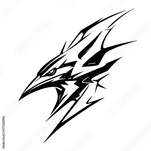 Striking black and white bird of prey design, fierce, aggressive, tattoo art, bold graphic