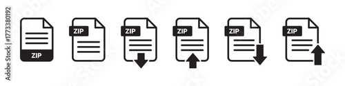 ZIP file icons with download and upload arrows, representing compressed file management, transfer, and digital content sharing