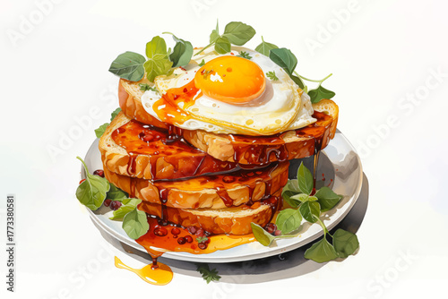 breakfast with toast, fried eggs, vegetables on a plate for morning food and restaurant concept