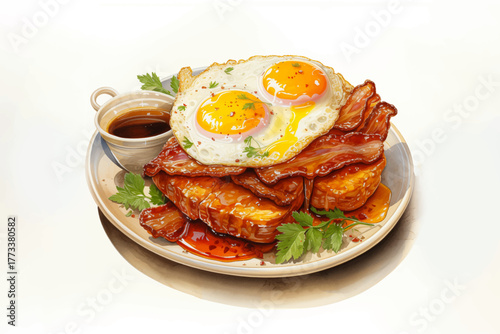 breakfast with toast, fried eggs, bacon, vegetables, and coffee on a plate for morning food and restaurant concept