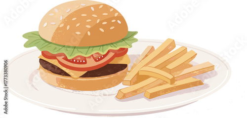 Delicious burger with fresh tomato and lettuce served with golden crispy fries, perfect for tempting food ads, menus, and social media promotions