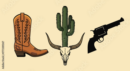 Western cowboy boot, bull skull with horns, and revolver gun on light tan, representing the wild west theme