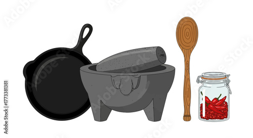 Collection mexican cooking tools including cast iron skillet, molcajete with tejolote, wooden spoon, and jar chili peppers