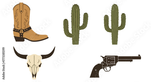 Western cowboy boot, bull skull, cacti, and revolver gun