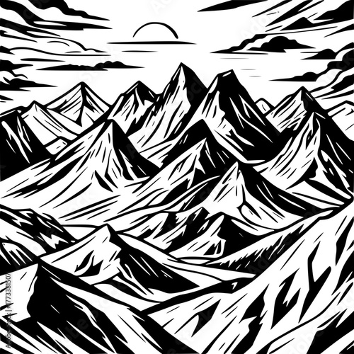 Majestic mountain range silhouette with sun rising above peaks, nature inspired design