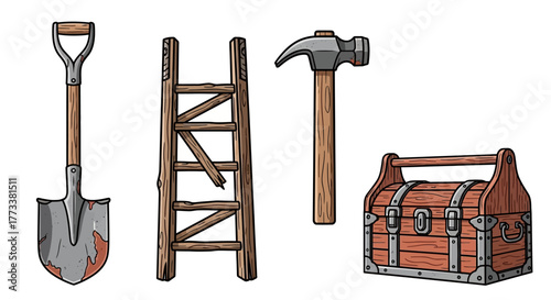 Set vintage construction and treasure hunting tools including shovel, broken ladder, hammer, and wooden toolbox