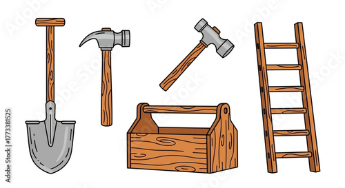 Assortment oldfashioned work and building tools, including shovel, two hammers, wooden toolbox, and ladder