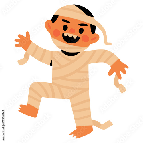 happy boy in mummy costume halloween party celebration flat color vector illustration template design