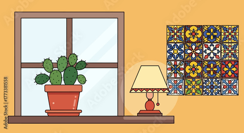 Cartoon cactus in pot on windowsill next to lamp and colorful tile pattern, representing cozy and decorative indoor scene with touch southwestern or mediterranean flair