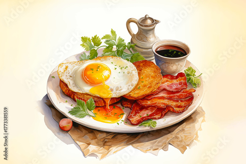 breakfast with toast, fried eggs, bacon, vegetables, and coffee on a plate for morning food and restaurant concept