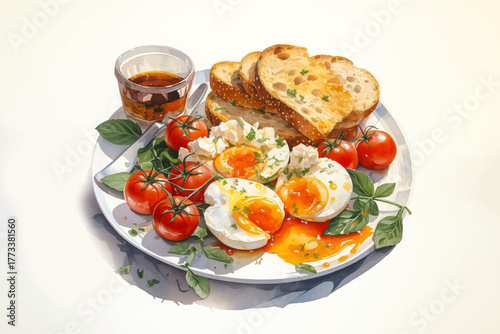 breakfast with toast, fried eggs, tomato, vegetables, and coffee on a plate for morning food and restaurant concept