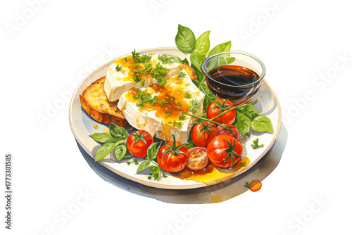 breakfast plate with cheese, toast, soy sauce, vegetables, and tomatoes vector illustration on white isolated background for healthy food and morning meal concept