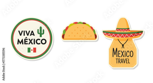 Collection mexicanthemed graphics featuring viva mexico emblem with cactus and flag, taco, and sombrero with mexico travel text