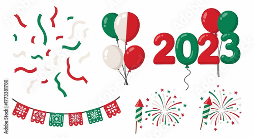 New year celebration elements including confetti, streamers, balloons in mexican colors, festive banner, fireworks, and the year 2023