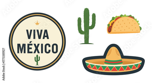 Vibrant viva mexico emblem with cactus, taco, and sombrero, celebrating mexican culture and national pride with iconic symbols and festive colors