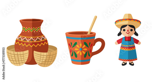 Collection traditional mexican crafts including patterned vase, colorful mug with spoon, and small doll in traditional attire, showcasing folk and handmade items